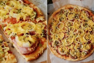 Пицца с колбасой и луком на тонком тесте