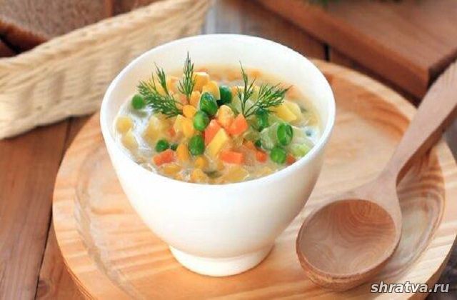 Постный суп с кукурузой и горошком